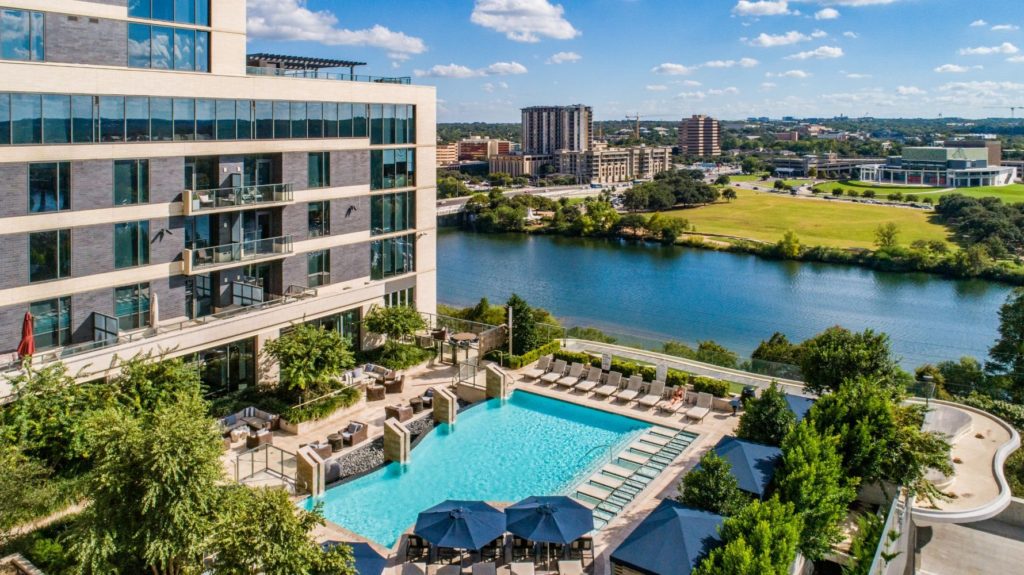 The Northshore highrise apartment's pool with a view of the river in Austin Texas.